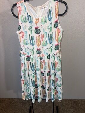 Cactus Print Sleeveless Dress - White with Multicolor Cacti
